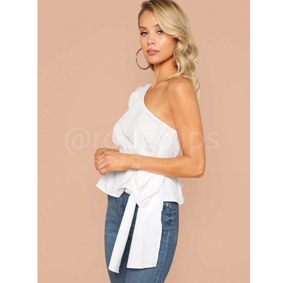 Cotton Blend White One Shoulder Top Tie Belt Puff Short Sleeve Peplum Style - Picture 3 of 7